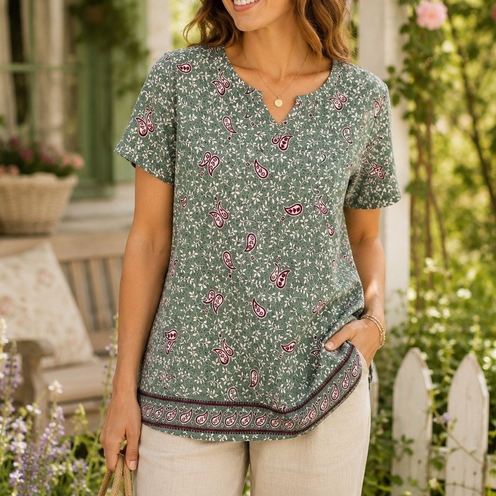 Easy Stretch Women Teal Paisley Floral V-Neck Medical Scrub Top Large